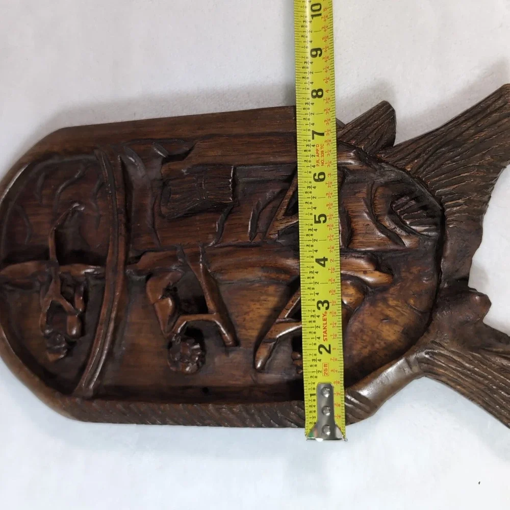 Hand Carved Wood Fishing Scene Wall Art – Primitive Tribal Relief Plaque – Boho